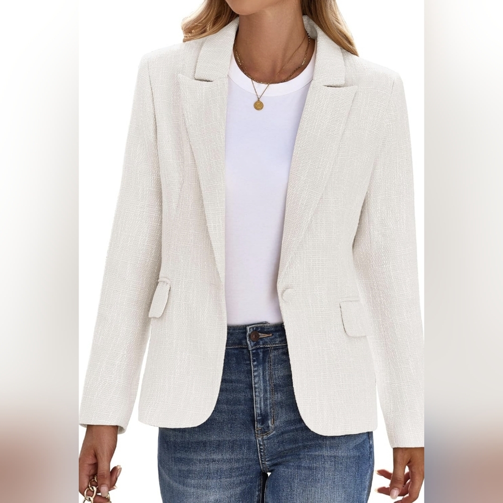 Luvamia Cream Blazer with Notched Lapels and Structured Shoulders